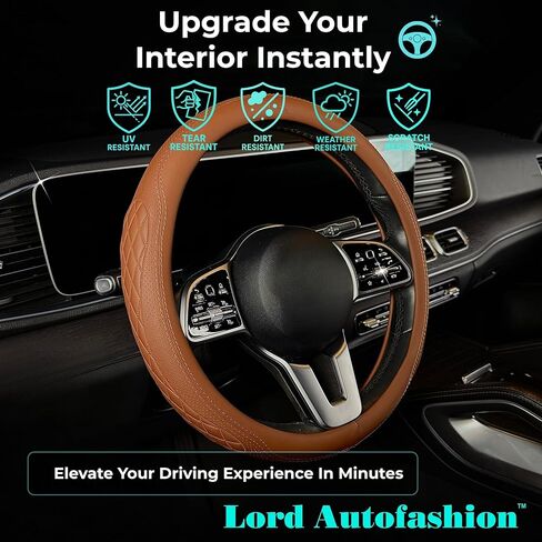 غطاء عجلة القيادة الفاخر من Lord AutoFashion - جلد صناعي، جزء داخلي مطاطي غير قابل للانزلاق، راحة طوال المواسم - تغليف صندوق هدايا ممتاز - مقاس M (14.5-15 بوصة) - أسمر 9366 in Kuwait