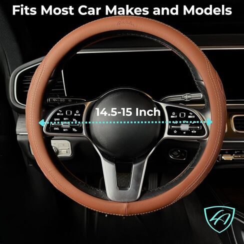 غطاء عجلة القيادة الفاخر من Lord AutoFashion - جلد صناعي، جزء داخلي مطاطي غير قابل للانزلاق، راحة طوال المواسم - تغليف صندوق هدايا ممتاز - مقاس M (14.5-15 بوصة) - أسمر 9366 in Kuwait