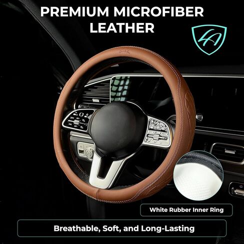 غطاء عجلة القيادة الفاخر من Lord AutoFashion - جلد صناعي، جزء داخلي مطاطي غير قابل للانزلاق، راحة طوال المواسم - تغليف صندوق هدايا ممتاز - مقاس M (14.5-15 بوصة) - أسمر 9366 in Kuwait