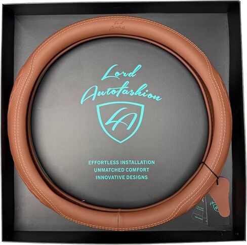 غطاء عجلة القيادة الفاخر من Lord AutoFashion - جلد صناعي، جزء داخلي مطاطي غير قابل للانزلاق، راحة طوال المواسم - تغليف صندوق هدايا ممتاز - مقاس M (14.5-15 بوصة) - أسمر 9366 in Kuwait