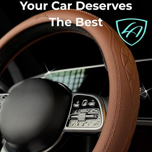 غطاء عجلة القيادة الفاخر من Lord AutoFashion - جلد صناعي، جزء داخلي مطاطي غير قابل للانزلاق، راحة طوال المواسم - تغليف صندوق هدايا ممتاز - مقاس M (14.5-15 بوصة) - أسمر 9366 in Kuwait