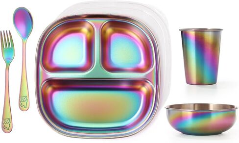 AIEVE Stainless Steel Kids Plates, 4 Pack Round Divided Toddler Plates, Portion Control Plate 8 Inch in Kuwait