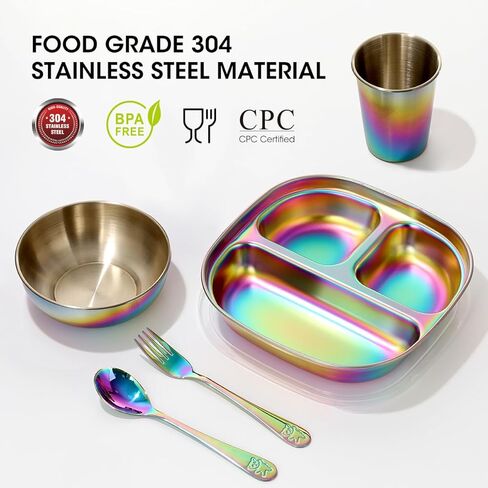 AIEVE Stainless Steel Kids Plates, 4 Pack Round Divided Toddler Plates, Portion Control Plate 8 Inch in Kuwait