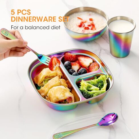 AIEVE Stainless Steel Kids Plates, 4 Pack Round Divided Toddler Plates, Portion Control Plate 8 Inch in Kuwait