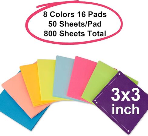 Sticky Notes - Small Sticky Notes 3x3 Inch Office Decor Supplies,Colorful Mini Cute Little Self-Stick Note Pads,Reusable Tabs for Notebooks Page Markers,School Stationery Supplies (16 Pack) in Saudi Arabia