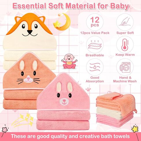 31x31 Inch Baby Hooded Towels, 12Pcs Bath Towels for Boys, Washcloth Set with Cute Design, Shower Towel Gift for Newborns, Infants and Toddlers in Kuwait