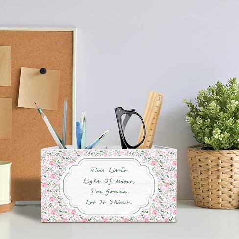 Pink Floral Inspirational Pen Holder for Desk, Positive Affirmation Gifts Pencil Organizer, This Little Light of Mine Wooden Box Sign Desk Decor for Home Office Decoration in Saudi Arabia