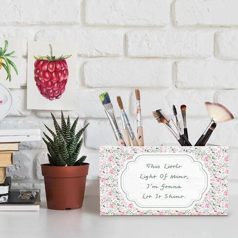 Pink Floral Inspirational Pen Holder for Desk, Positive Affirmation Gifts Pencil Organizer, This Little Light of Mine Wooden Box Sign Desk Decor for Home Office Decoration in Saudi Arabia