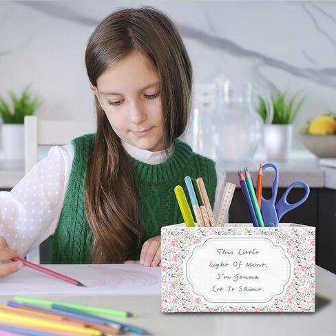 Pink Floral Inspirational Pen Holder for Desk, Positive Affirmation Gifts Pencil Organizer, This Little Light of Mine Wooden Box Sign Desk Decor for Home Office Decoration in Saudi Arabia