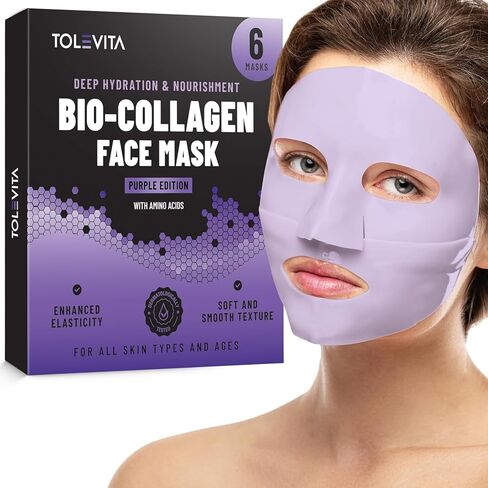 Bio-Collagen Overnight Face Mask - Hydrating & Nourishing Sheet Mask with 17 Amino Acids, Improves Elasticity & Moisturizes, Softens Skin, Suitable for All Skin Types, 6 Pack in Kuwait