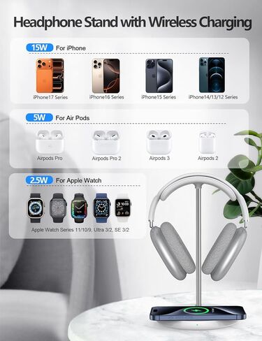 حامل سماعة رأس ميرودي مع شاحن لاسلكي، منفذ شحن USB مستقل، حامل سماعة رأس 5 في 1 لمحطة شحن AirPods Max/Pro/4/3/2، iWatch، iPhone، Samsung وسماعات المكتب، أسود in Kuwait