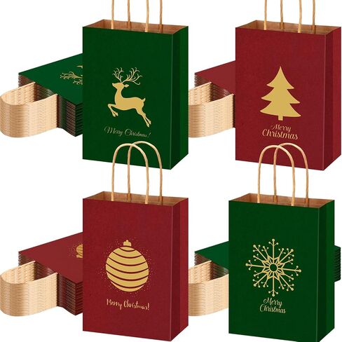 Tenceur 48 Pcs Christmas Gift Bags with Handle Red and Green Xmas Paper Treat Candy Goodie Bags with Snowman Santa Elk Xmas Tree Patterns for Christmas Party Supplies Favors Gift Wrapping in Saudi Arabia