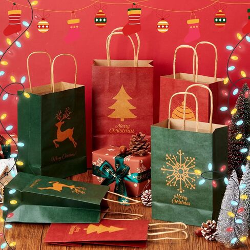 Tenceur 48 Pcs Christmas Gift Bags with Handle Red and Green Xmas Paper Treat Candy Goodie Bags with Snowman Santa Elk Xmas Tree Patterns for Christmas Party Supplies Favors Gift Wrapping in Saudi Arabia