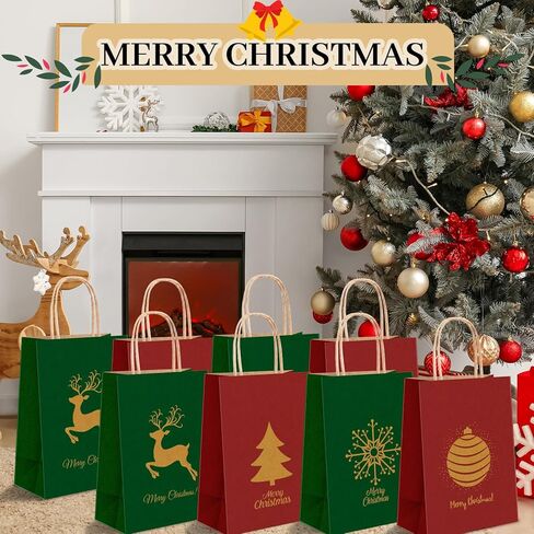 Tenceur 48 Pcs Christmas Gift Bags with Handle Red and Green Xmas Paper Treat Candy Goodie Bags with Snowman Santa Elk Xmas Tree Patterns for Christmas Party Supplies Favors Gift Wrapping in Saudi Arabia