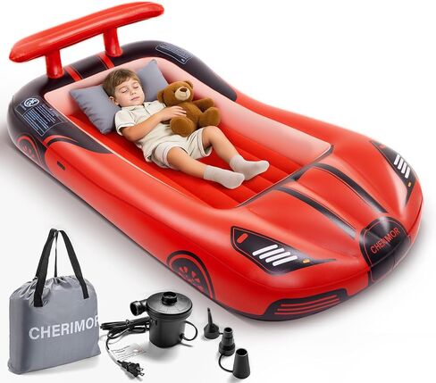 Inflatable Toddler Travel Bed with Safety Bumpers, Portable Racecar Toddler Air Mattress with Electric Pump, Toddler Blow Up Mattress for Travel,Camping, Sleepovers&Vacation, Gift for Kids in Kuwait