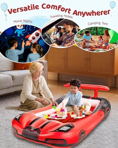 Inflatable Toddler Travel Bed with Safety Bumpers, Portable Racecar Toddler Air Mattress with Electric Pump, Toddler Blow Up Mattress for Travel,Camping, Sleepovers&Vacation, Gift for Kids in Kuwait