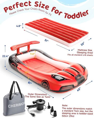 Inflatable Toddler Travel Bed with Safety Bumpers, Portable Racecar Toddler Air Mattress with Electric Pump, Toddler Blow Up Mattress for Travel,Camping, Sleepovers&Vacation, Gift for Kids in Kuwait