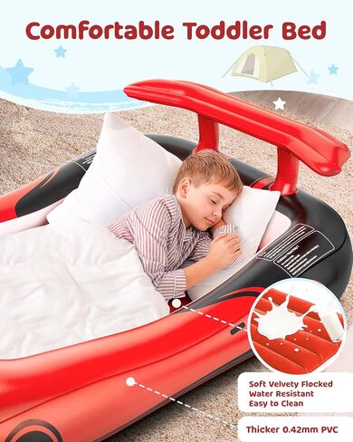 Inflatable Toddler Travel Bed with Safety Bumpers, Portable Racecar Toddler Air Mattress with Electric Pump, Toddler Blow Up Mattress for Travel,Camping, Sleepovers&Vacation, Gift for Kids in Kuwait