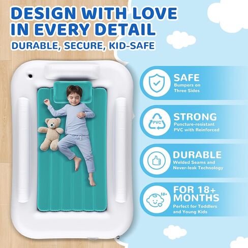 Inflatable Toddler Travel Bed - 60 Inches Portable Toddler Bed for Travel with Safety Sides - Cozy Kids Air Mattress Set with High-Speed Pump & Carry Case - Lightweight & Easy to Inflate -Blue in Kuwait