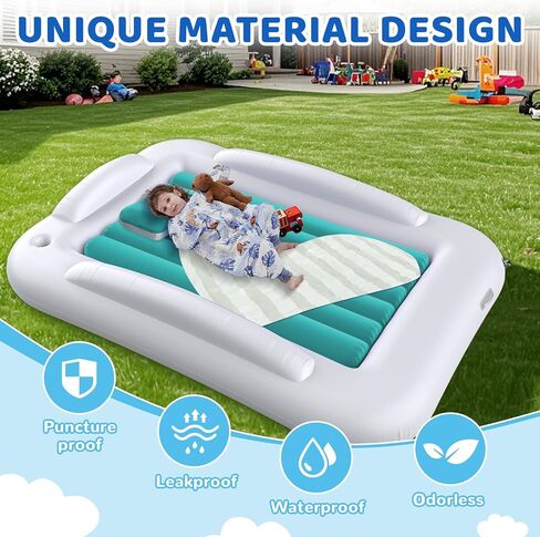 Inflatable Toddler Travel Bed - 60 Inches Portable Toddler Bed for Travel with Safety Sides - Cozy Kids Air Mattress Set with High-Speed Pump & Carry Case - Lightweight & Easy to Inflate -Blue in Kuwait