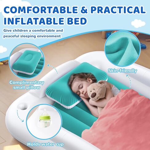 Inflatable Toddler Travel Bed - 60 Inches Portable Toddler Bed for Travel with Safety Sides - Cozy Kids Air Mattress Set with High-Speed Pump & Carry Case - Lightweight & Easy to Inflate -Blue in Kuwait