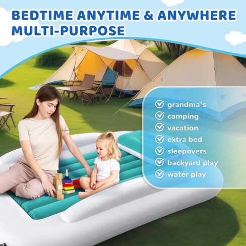 Inflatable Toddler Travel Bed - 60 Inches Portable Toddler Bed for Travel with Safety Sides - Cozy Kids Air Mattress Set with High-Speed Pump & Carry Case - Lightweight & Easy to Inflate -Blue in Kuwait