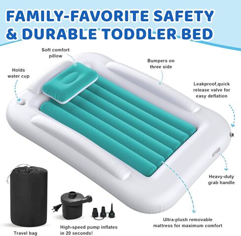 Inflatable Toddler Travel Bed - 60 Inches Portable Toddler Bed for Travel with Safety Sides - Cozy Kids Air Mattress Set with High-Speed Pump & Carry Case - Lightweight & Easy to Inflate -Blue in Kuwait