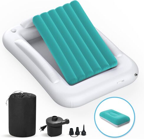 Inflatable Toddler Travel Bed - 60 Inches Portable Toddler Bed for Travel with Safety Sides - Cozy Kids Air Mattress Set with High-Speed Pump & Carry Case - Lightweight & Easy to Inflate -Blue in Kuwait