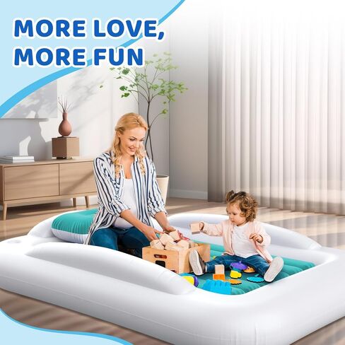 Inflatable Toddler Travel Bed - 60 Inches Portable Toddler Bed for Travel with Safety Sides - Cozy Kids Air Mattress Set with High-Speed Pump & Carry Case - Lightweight & Easy to Inflate -Blue in Kuwait