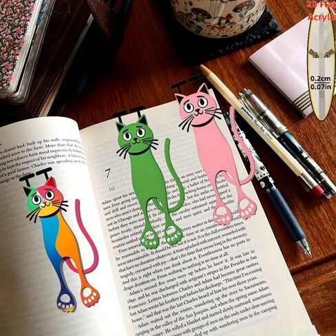 3pcs Cute Cat Design Acrylic Bookmarks - 2D Flat, Fun & Colorful for Reading Lovers, Unique Gifts in Saudi Arabia