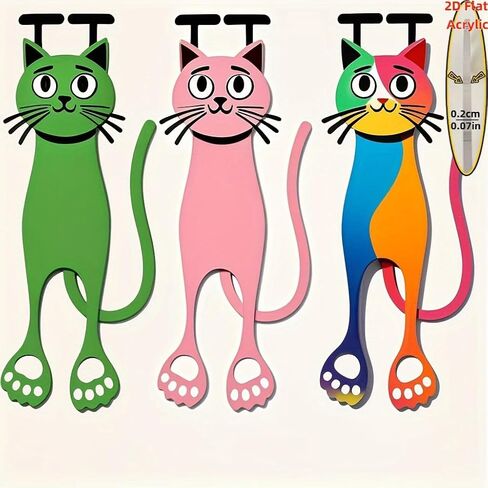 3pcs Cute Cat Design Acrylic Bookmarks - 2D Flat, Fun & Colorful for Reading Lovers, Unique Gifts in Saudi Arabia