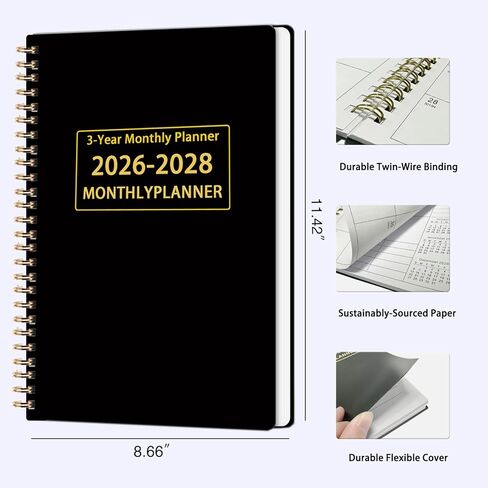 مخطط شهري 2026-2028 - تقويم/مخطط شهري لمدة 3 سنوات 2026-2028، 8-5/8 بوصة × 11-3/8 بوصة، مخطط تقويم 36 شهرًا، مخططون مع ربط سلكين مزدوجين، صفحات ملاحظات مبطنة in Kuwait
