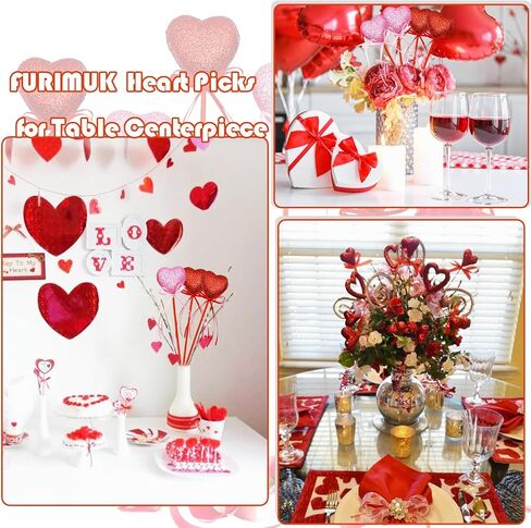 Valentine's Day Glitter Heart Foam Picks Puffy Sparkly Heart on Sticks Valentines Day Floral Picks for Table Centerpiece Decoration Vase Wedding Crafts Stems Arrangement (4, Pink Red) in Saudi Arabia