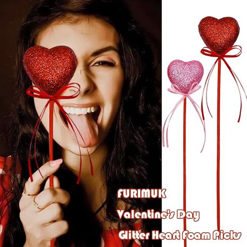Valentine's Day Glitter Heart Foam Picks Puffy Sparkly Heart on Sticks Valentines Day Floral Picks for Table Centerpiece Decoration Vase Wedding Crafts Stems Arrangement (4, Pink Red) in Saudi Arabia