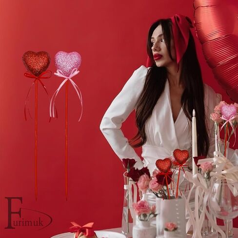 Valentine's Day Glitter Heart Foam Picks Puffy Sparkly Heart on Sticks Valentines Day Floral Picks for Table Centerpiece Decoration Vase Wedding Crafts Stems Arrangement (4, Pink Red) in Saudi Arabia