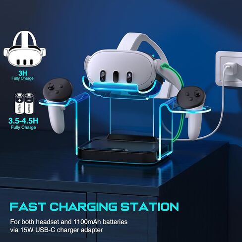 Fast VR Charging Dock for Meta Oculus Quest 3: LED Quest Charger Station for Oculus 3 Aceesories - Controller Charger with 2 Rechargeable Batteries/45W USB-C Charger Adapter in Kuwait