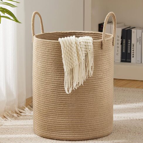 Woven Rope Laundry Hamper, 58L Tall Luandry Basket, Baby Nursery Hamper for Blanket Storage, Clothes Hamper for Laundry in Bedroom-Large-Pink in Saudi Arabia