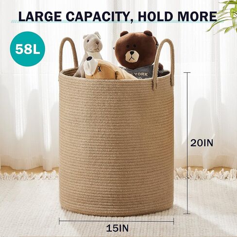 Woven Rope Laundry Hamper, 58L Tall Luandry Basket, Baby Nursery Hamper for Blanket Storage, Clothes Hamper for Laundry in Bedroom-Large-Pink in Saudi Arabia