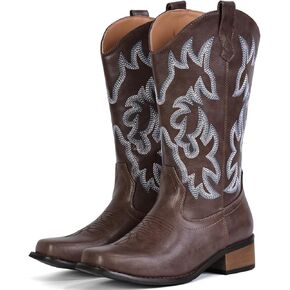 IUV Cowboy Boots For Women Square Toe Cowgirl Boots Mid Calf Western Boots Pull On Fashion Cowboy Boots in Kuwait