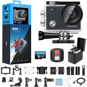 AKASO V50X Native 4K30fps WiFi Action Camera with 128GB MicroSDXC U3 Memory Card Accessories Kit Bundle with EIS Touch Screen 4X Zoom 131 feet Waterproof Camera Remote Control in Kuwait