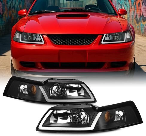 AKKON - Fit 1999 2000 2001 2002 2003 2004 Ford Mustang 99-04 مصابيح أمامية من نوع الهالوجين مع كشافات أمامية LED DRL غطاء أسود طراز OE بديل مباشر in Saudi Arabia