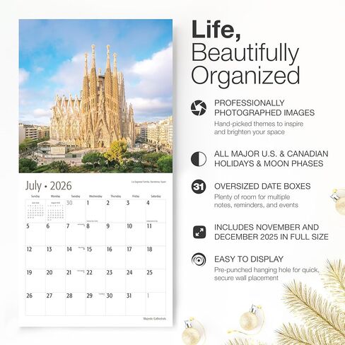 تقويم حائط RED EMBER Majestic Cathedrals 2026 لمدة 12 شهرًا | 12 بوصة × 24 بوصة مفتوح | ورق سميك وقوي | هدية العيد | تقويم السفر الديني المسيحي 2026 in Saudi Arabia