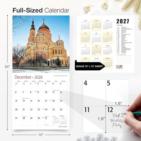 تقويم حائط RED EMBER Majestic Cathedrals 2026 لمدة 12 شهرًا | 12 بوصة × 24 بوصة مفتوح | ورق سميك وقوي | هدية العيد | تقويم السفر الديني المسيحي 2026 in Saudi Arabia