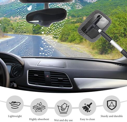 Car Windshield Cleaner Tool, Detachable Car Window Cleaner with Aluminum Extendable Handle & 2 Reusable Cloth Pads, Washable Vehicle Windshield Cleaning Wand for Exterior (Gray) in Saudi Arabia