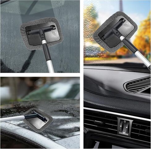 Car Windshield Cleaner Tool, Detachable Car Window Cleaner with Aluminum Extendable Handle & 2 Reusable Cloth Pads, Washable Vehicle Windshield Cleaning Wand for Exterior (Gray) in Saudi Arabia