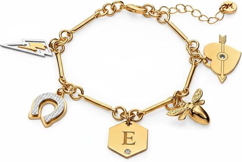 Theo Grace - Be Lucky Charm Bracelet – Sterling Silver & 18K Gold Vermeil – Heart Arrow, Bee, Horseshoe, Lightning Bolt, Personalized Initial with CZ in Saudi Arabia