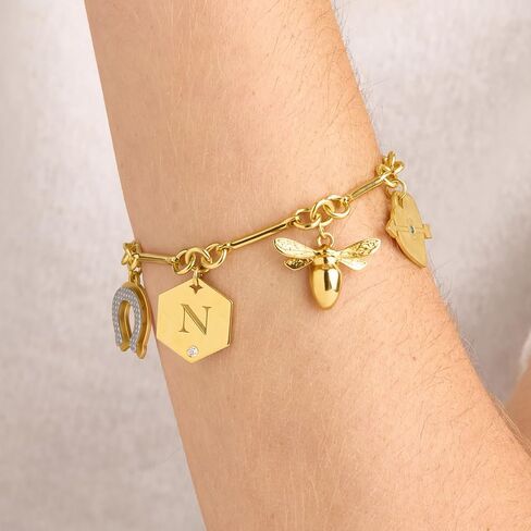 Theo Grace - Be Lucky Charm Bracelet – Sterling Silver & 18K Gold Vermeil – Heart Arrow, Bee, Horseshoe, Lightning Bolt, Personalized Initial with CZ in Saudi Arabia