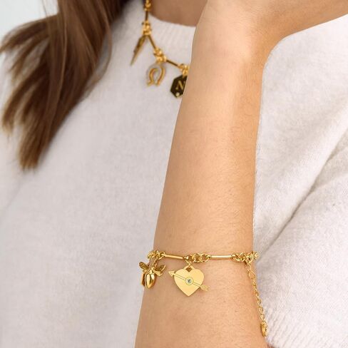 Theo Grace - Be Lucky Charm Bracelet – Sterling Silver & 18K Gold Vermeil – Heart Arrow, Bee, Horseshoe, Lightning Bolt, Personalized Initial with CZ in Saudi Arabia