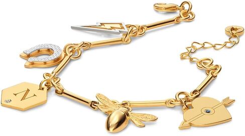 Theo Grace - Be Lucky Charm Bracelet – Sterling Silver & 18K Gold Vermeil – Heart Arrow, Bee, Horseshoe, Lightning Bolt, Personalized Initial with CZ in Saudi Arabia