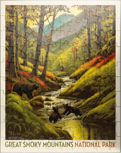 MyPuzzle Great Smoky Mountains National Park: Splashing Cubs, Vintage Poster - Premium 500 Piece Jigsaw Puzzle for Adults in Saudi Arabia